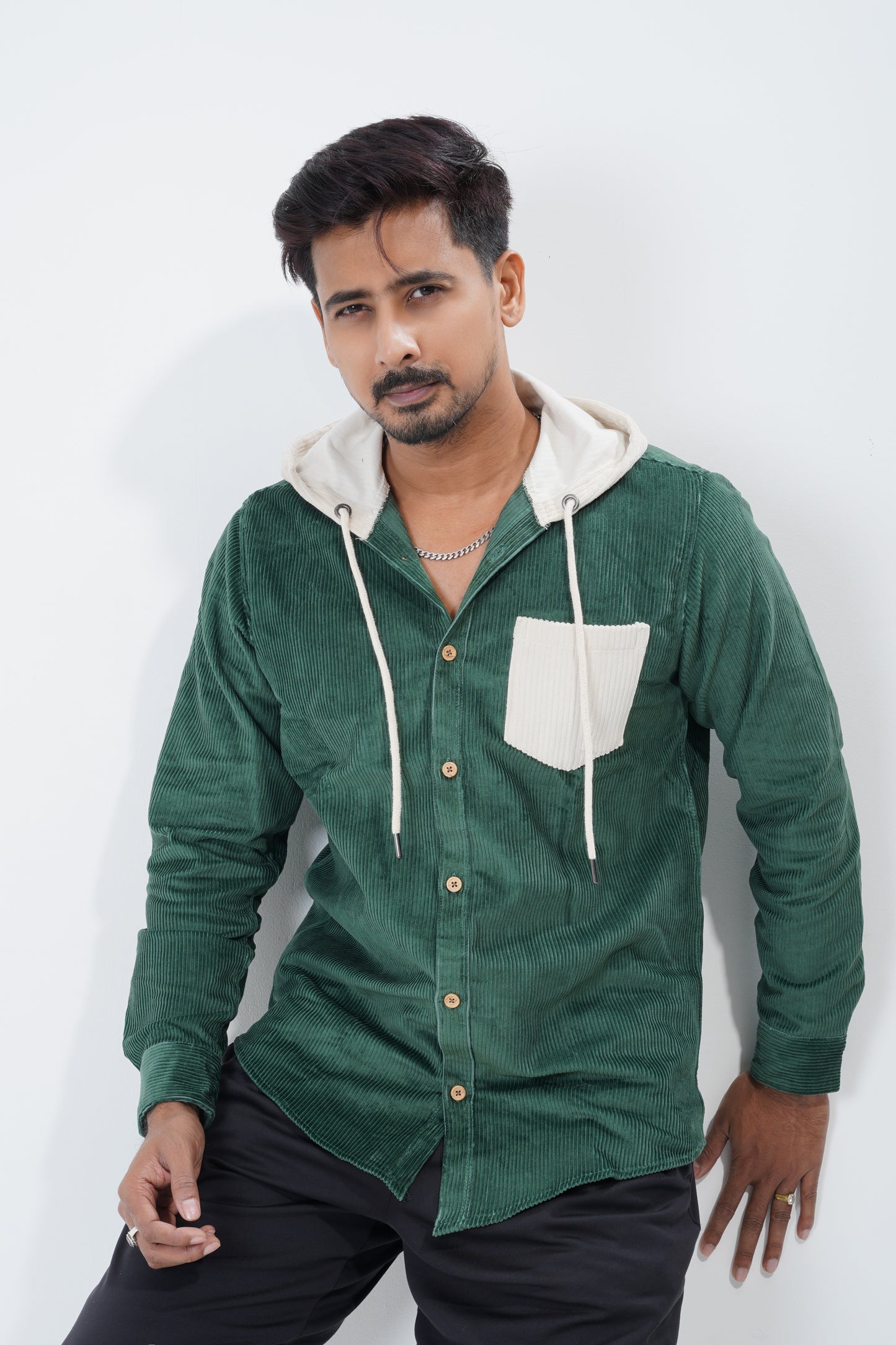 Luxury Full Sleeve Cord Hoodie - Bottle Green