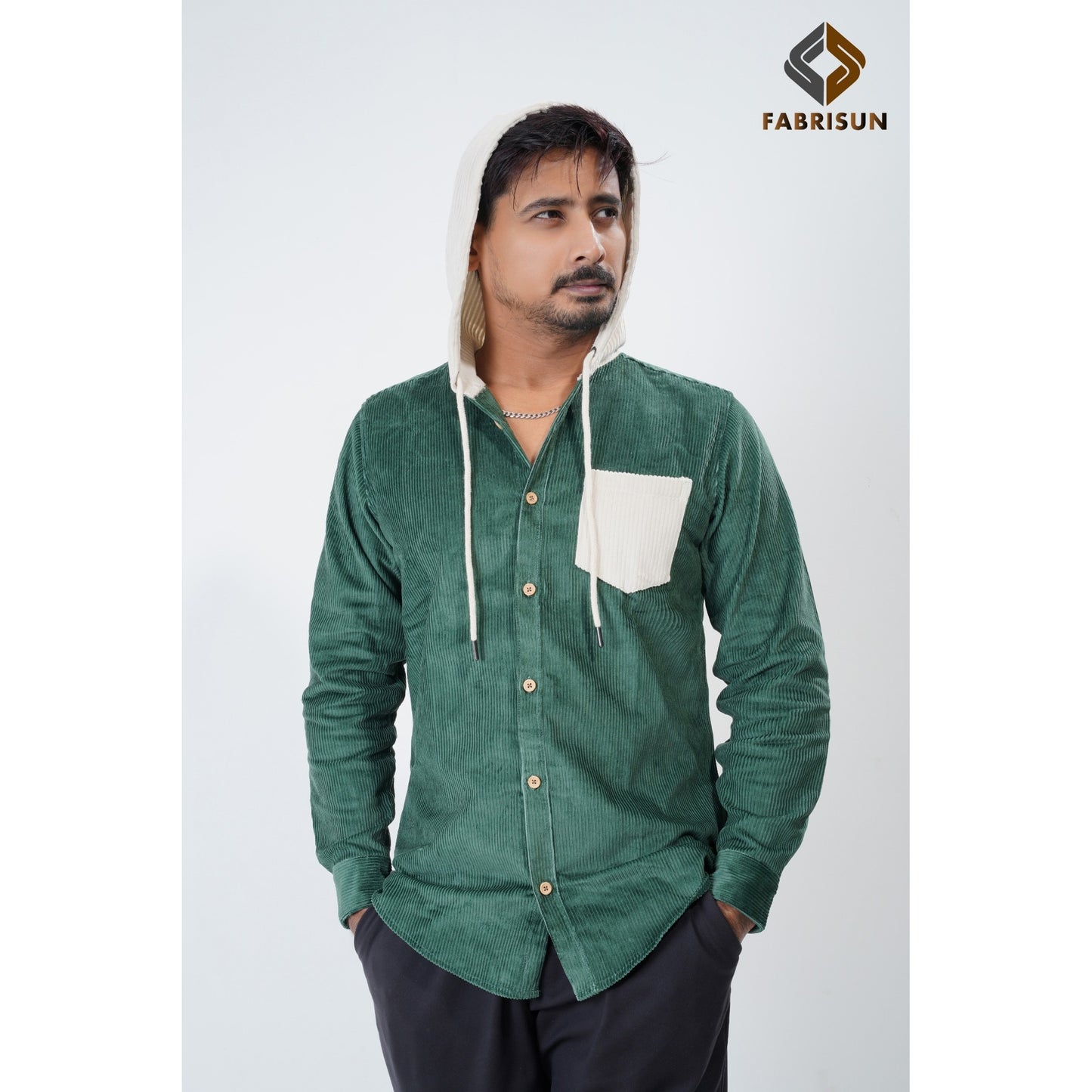 Luxury Full Sleeve Cord Hoodie - Bottle Green